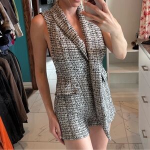 Chic Black and White Tweed Sleeveless Blazer Dress